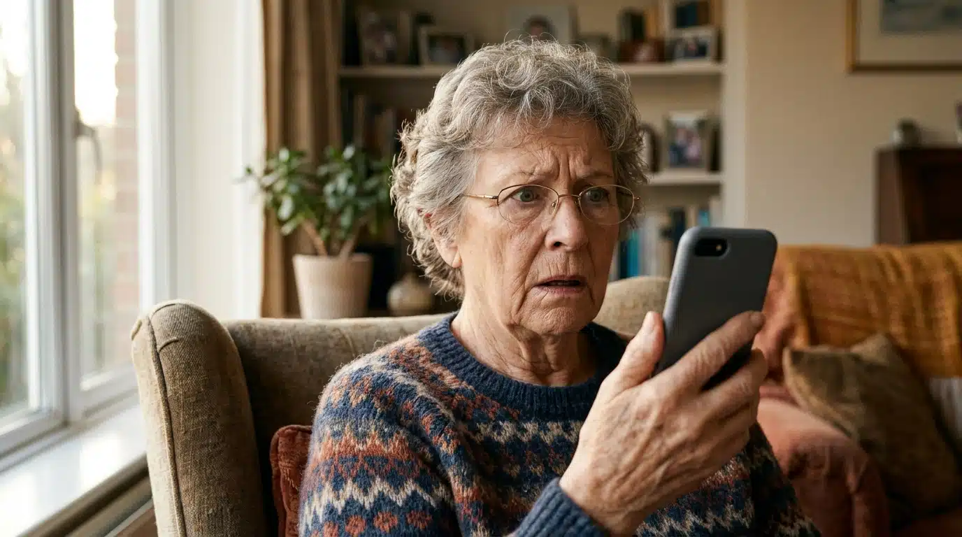 Septuagénaire stupéfaite tenant un smartphone dans son salon