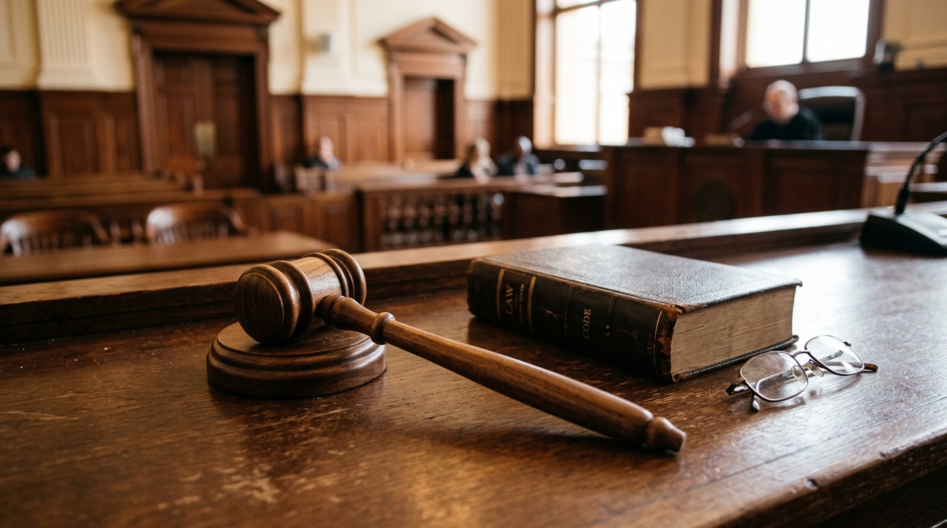 Marteau de juge posé sur un bureau de tribunal