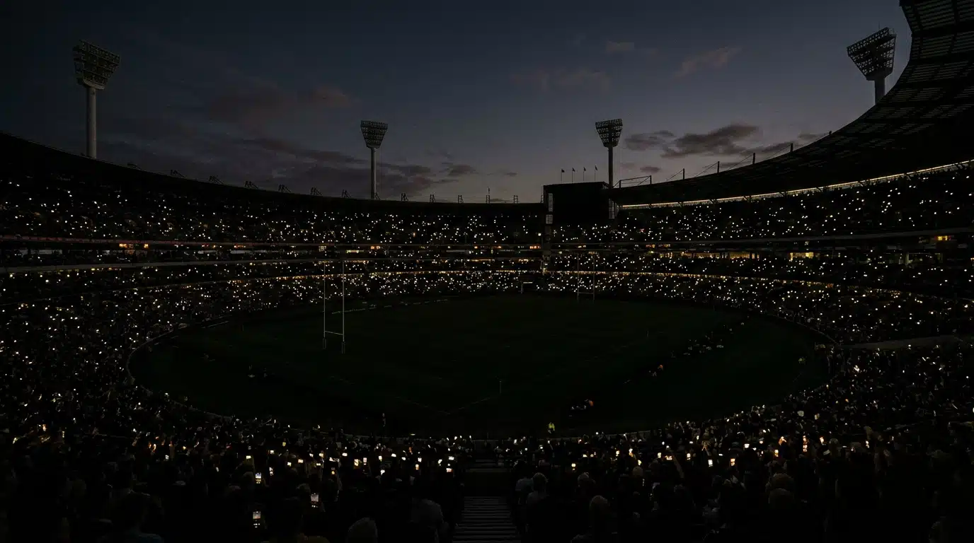Stade de rugby plongé dans l'obscurité, projecteurs éteints