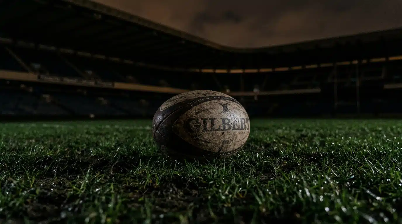 Ballon de rugby sur pelouse dans la pénombre