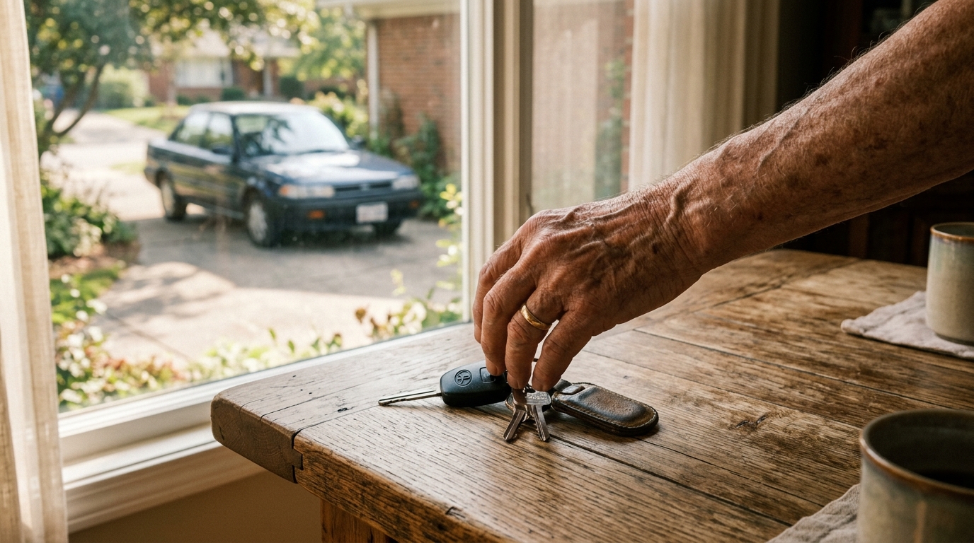 Main âgée tenant un trousseau de clés de voiture