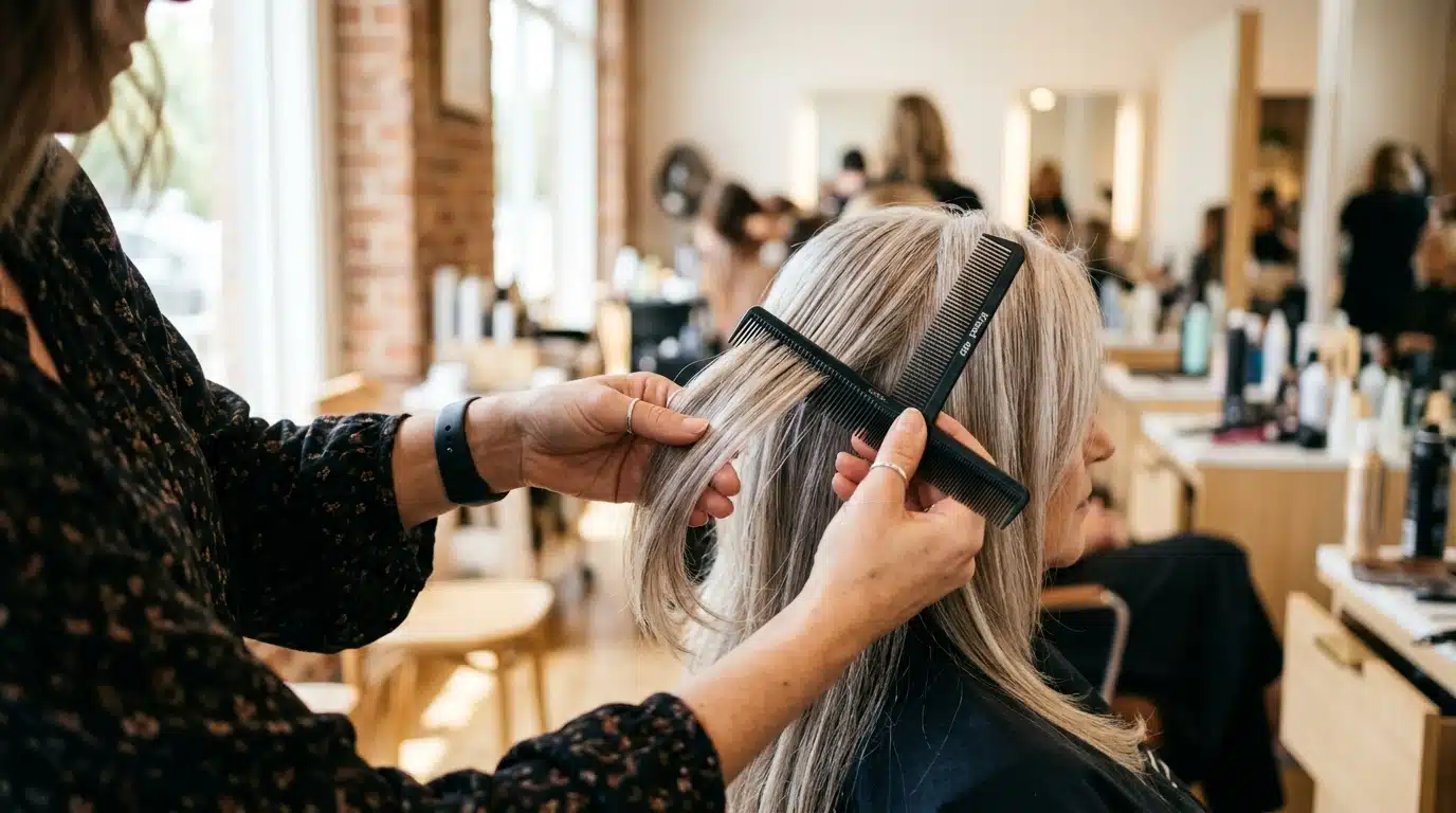 Mains de coiffeur séparant des mèches argentées au salon