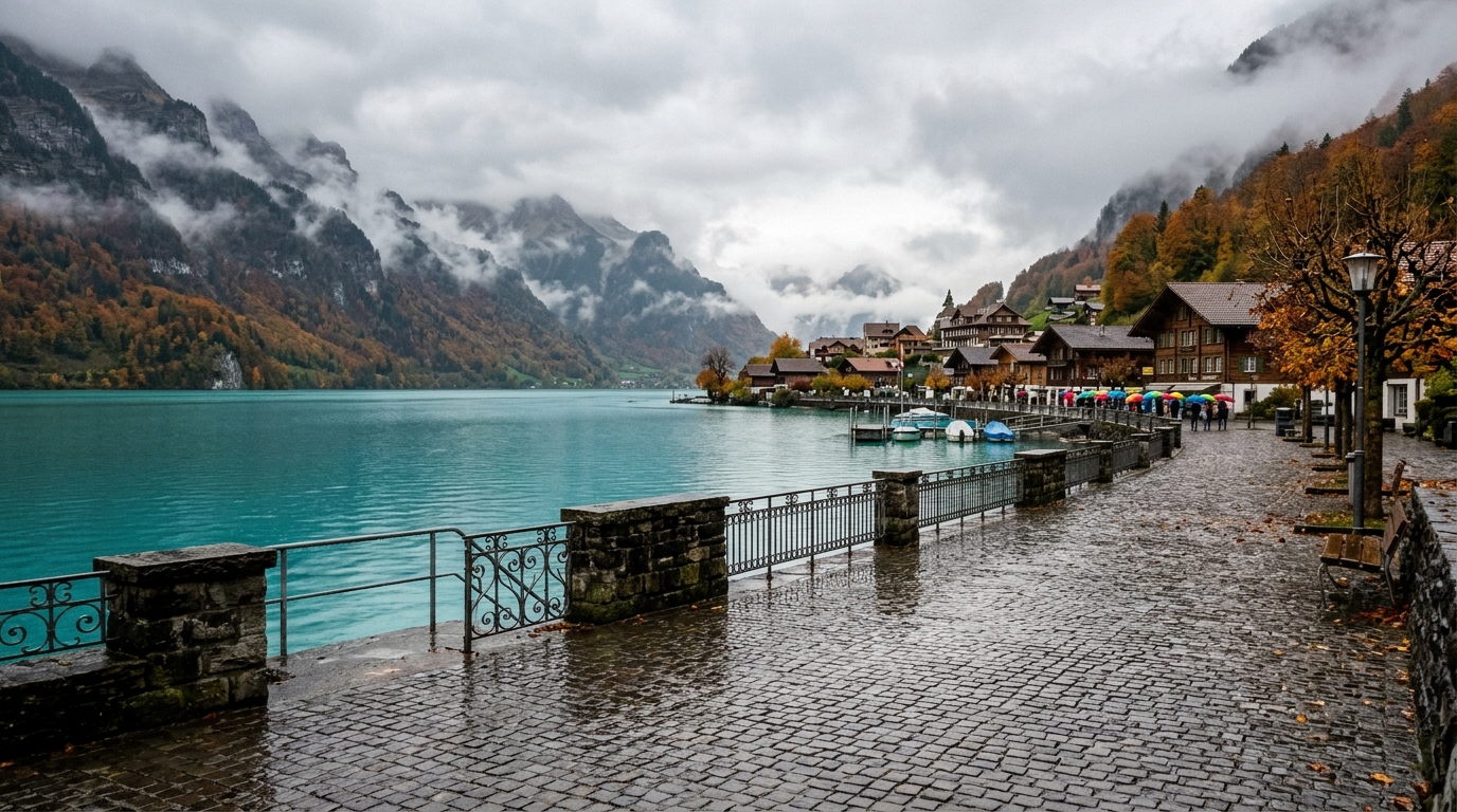 Lac alpin sous la pluie en automne, montagnes dans les nuages