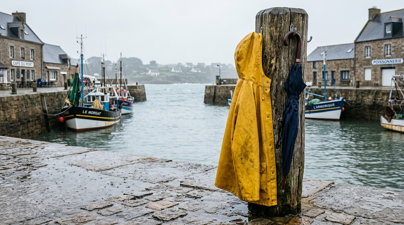 Ciré jaune et parapluie sous la pluie dans un port breton