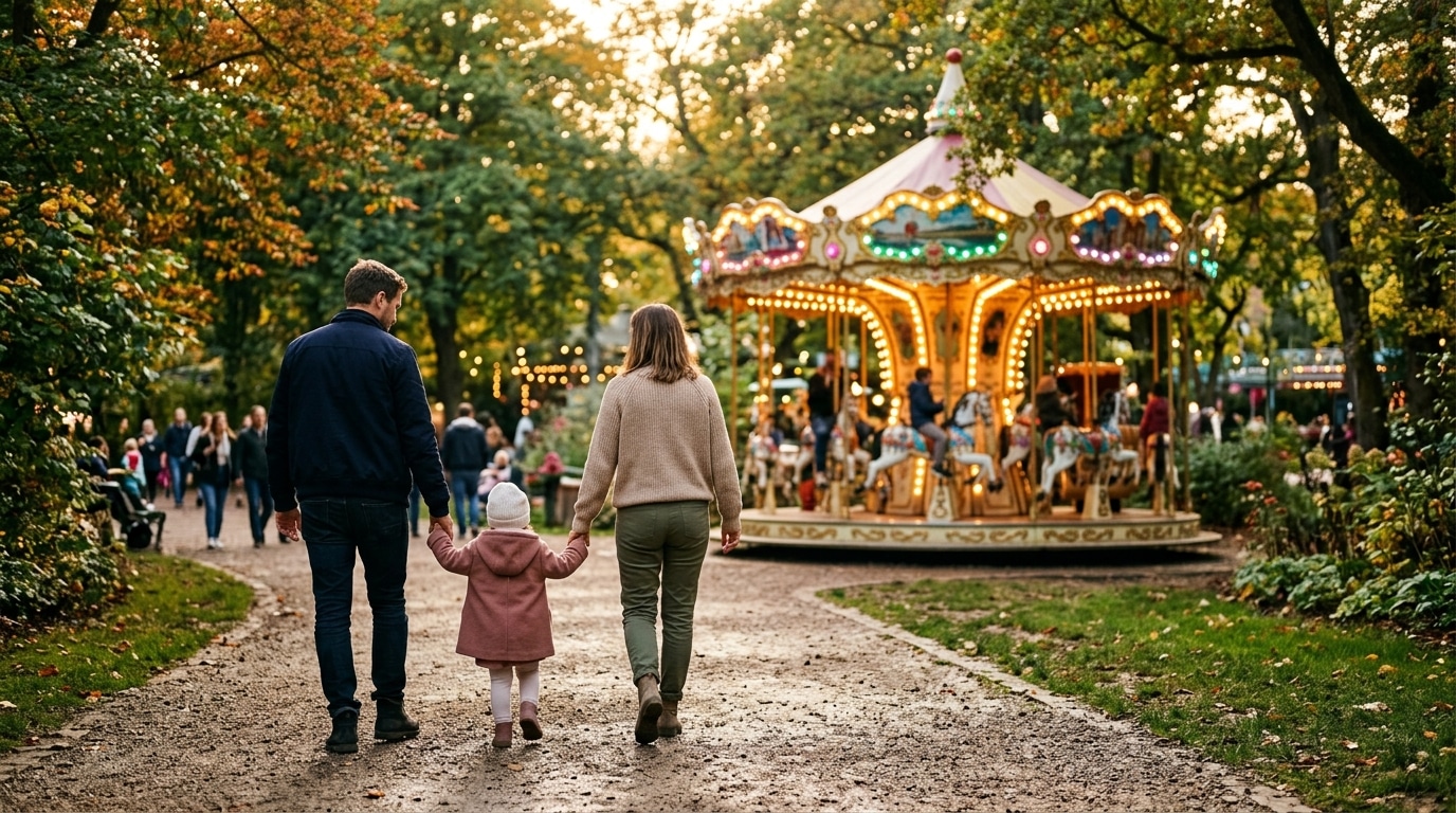 Famille avec un tout-petit marchant vers un manège