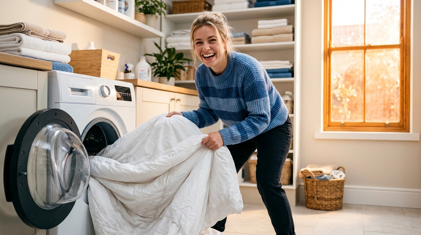 Personne sortant une couette de la machine à laver
