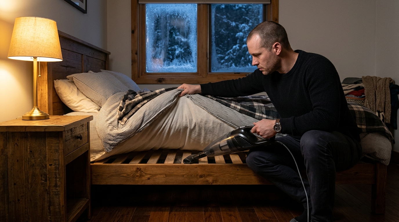 Homme aspirant le sommier sous le matelas en hiver