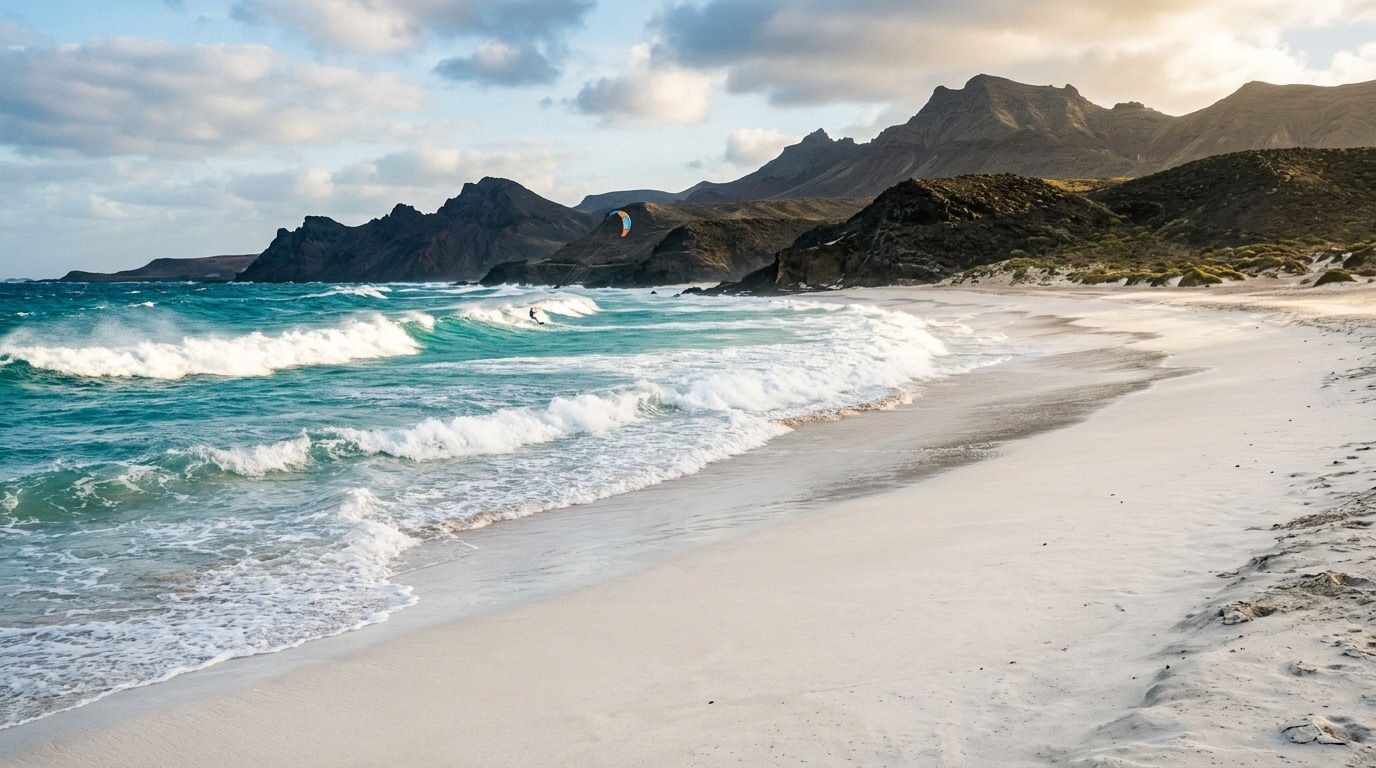 Plage de sable blanc et vagues sur île volcanique