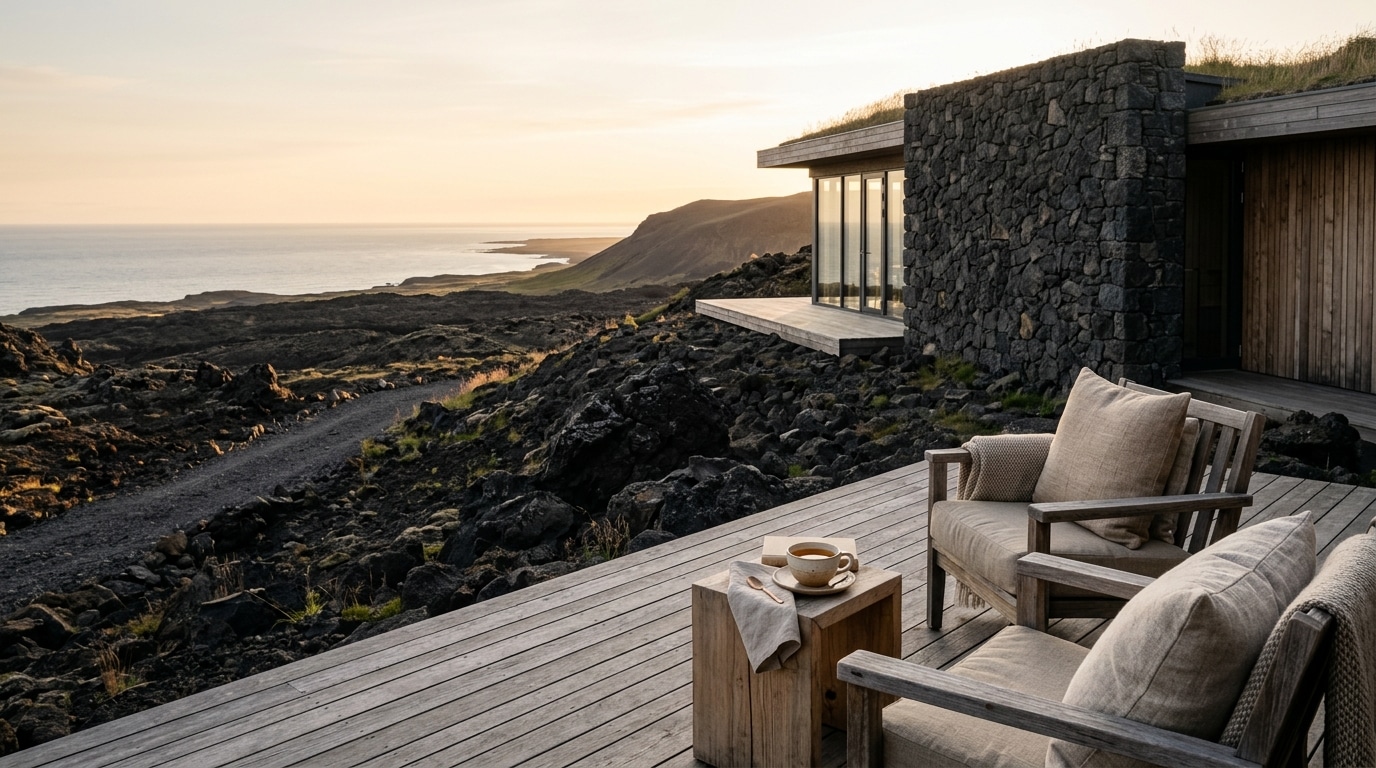 Éco-lodge de pierre volcanique face à l'océan