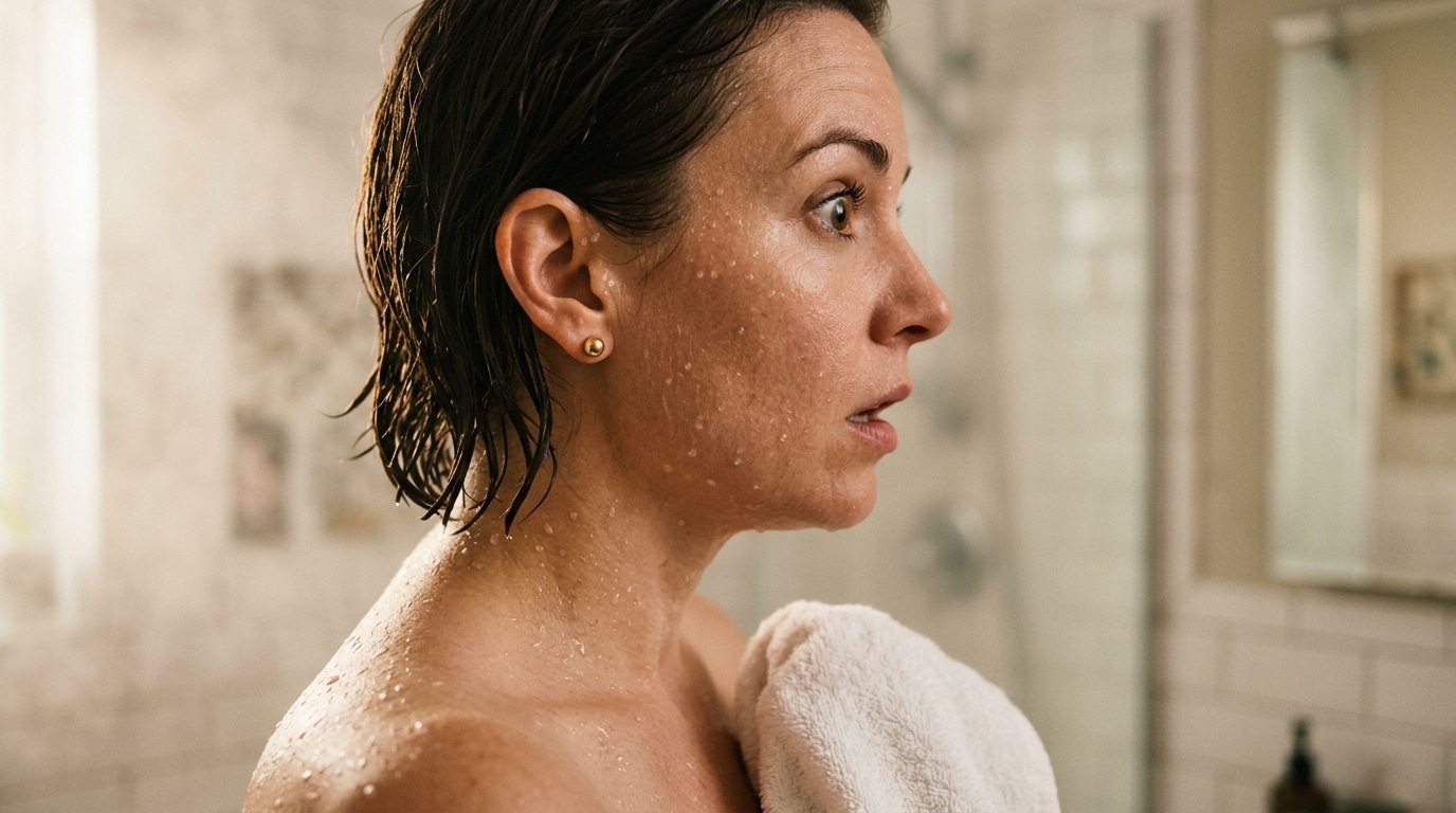 Oreille avec petite boucle dorée dans une salle de bain embuée