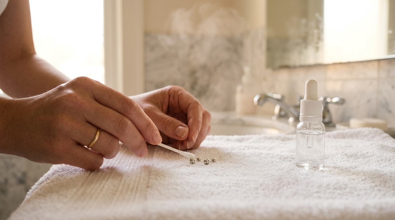 Coton-tige et boucles d'oreilles argentées posés sur une serviette blanche