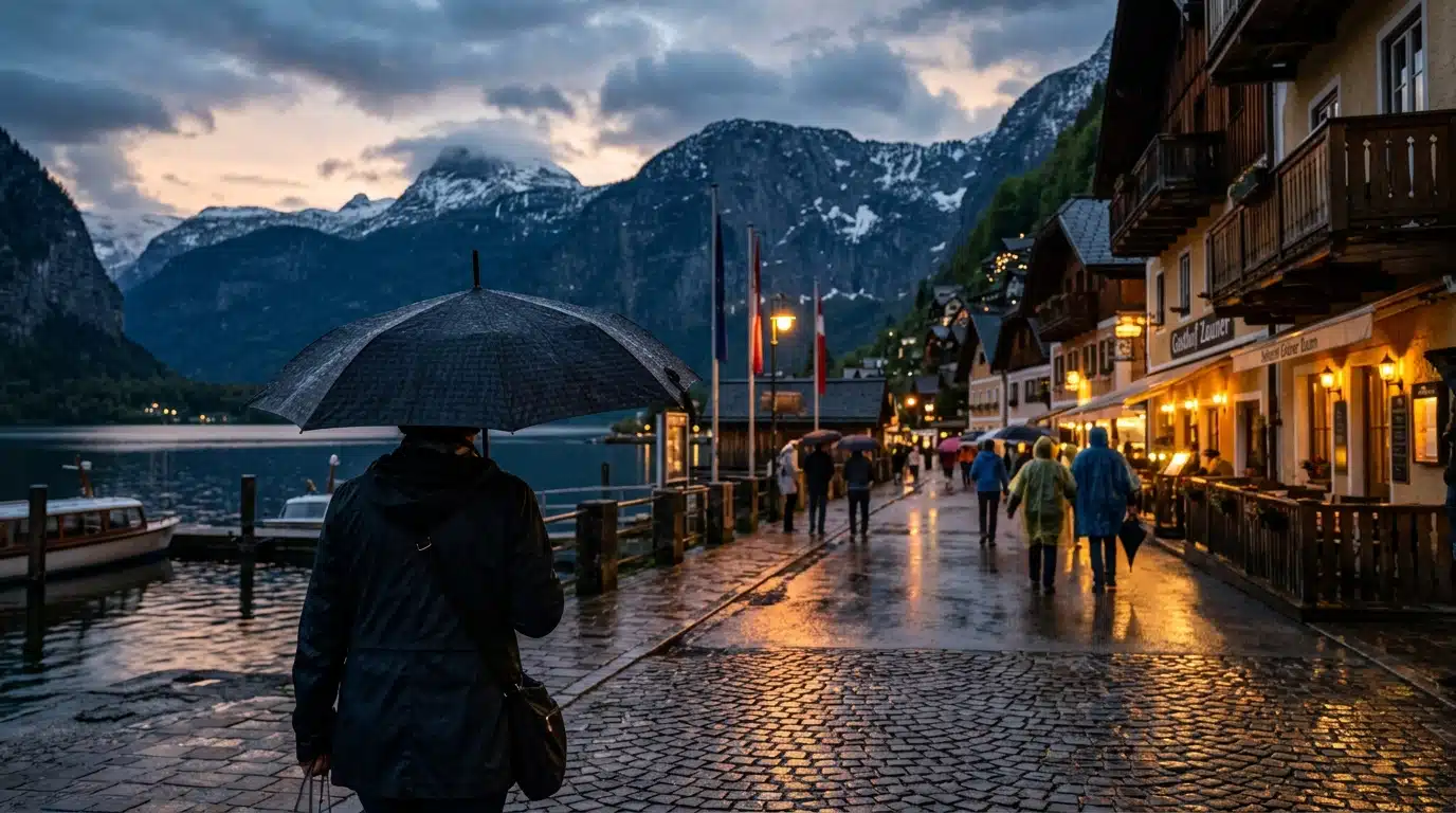 Rue d’une ville alpine sous la pluie au crépuscule