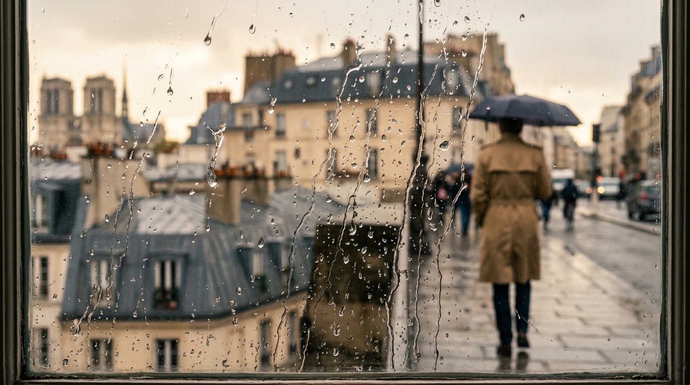 Gouttes de pluie sur une vitre devant les toits de Paris