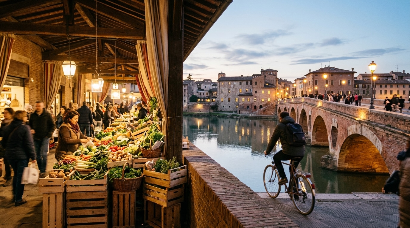 Étal de marché couvert et cycliste sur un pont de brique