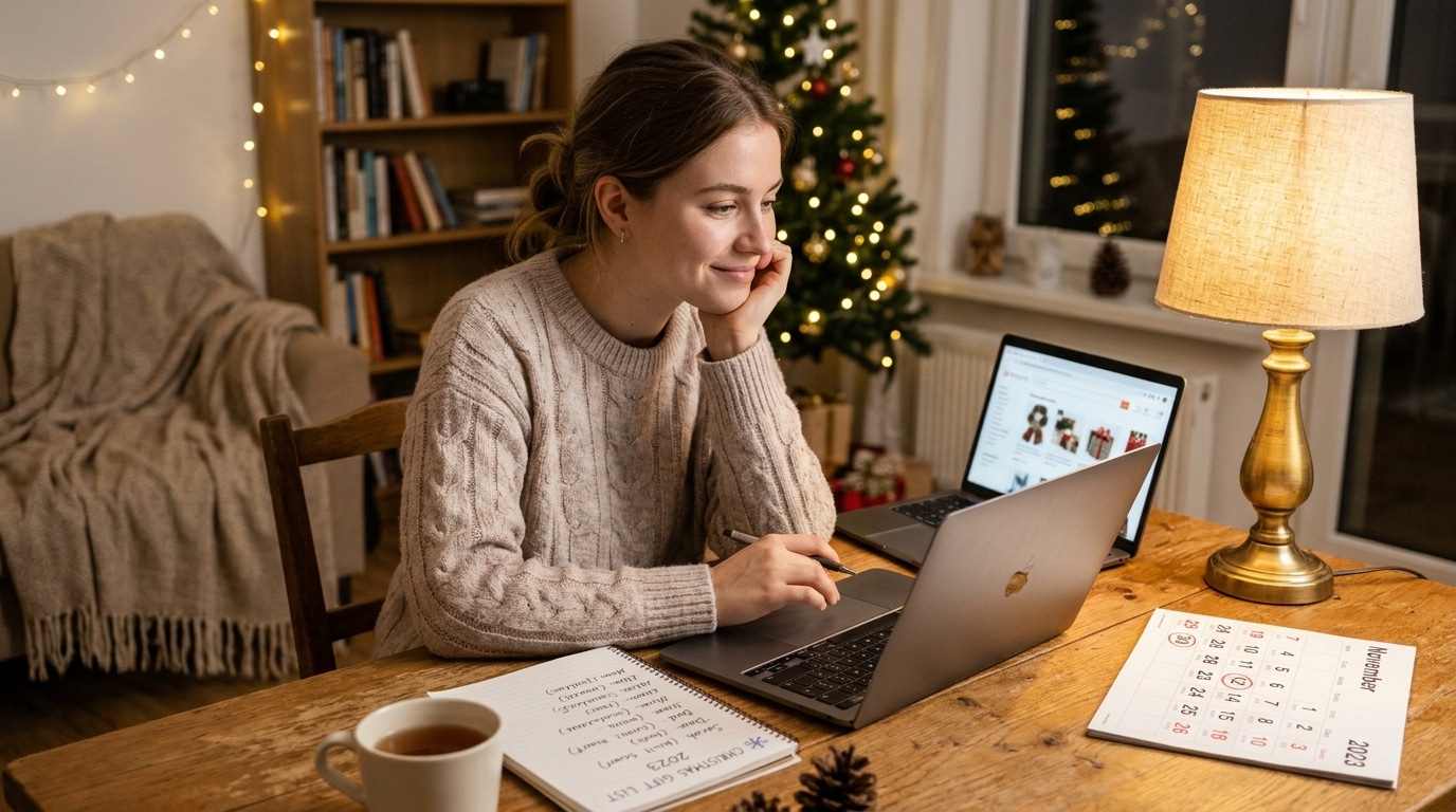 Femme préparant sa liste de cadeaux de Noël devant son ordinateur
