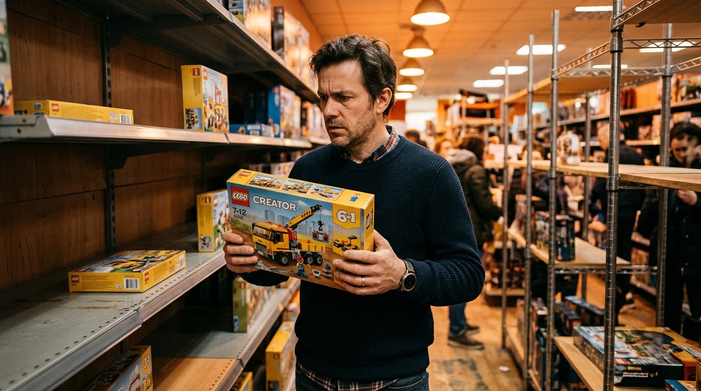 Père dans un rayon de jouets presque vide avant Noël