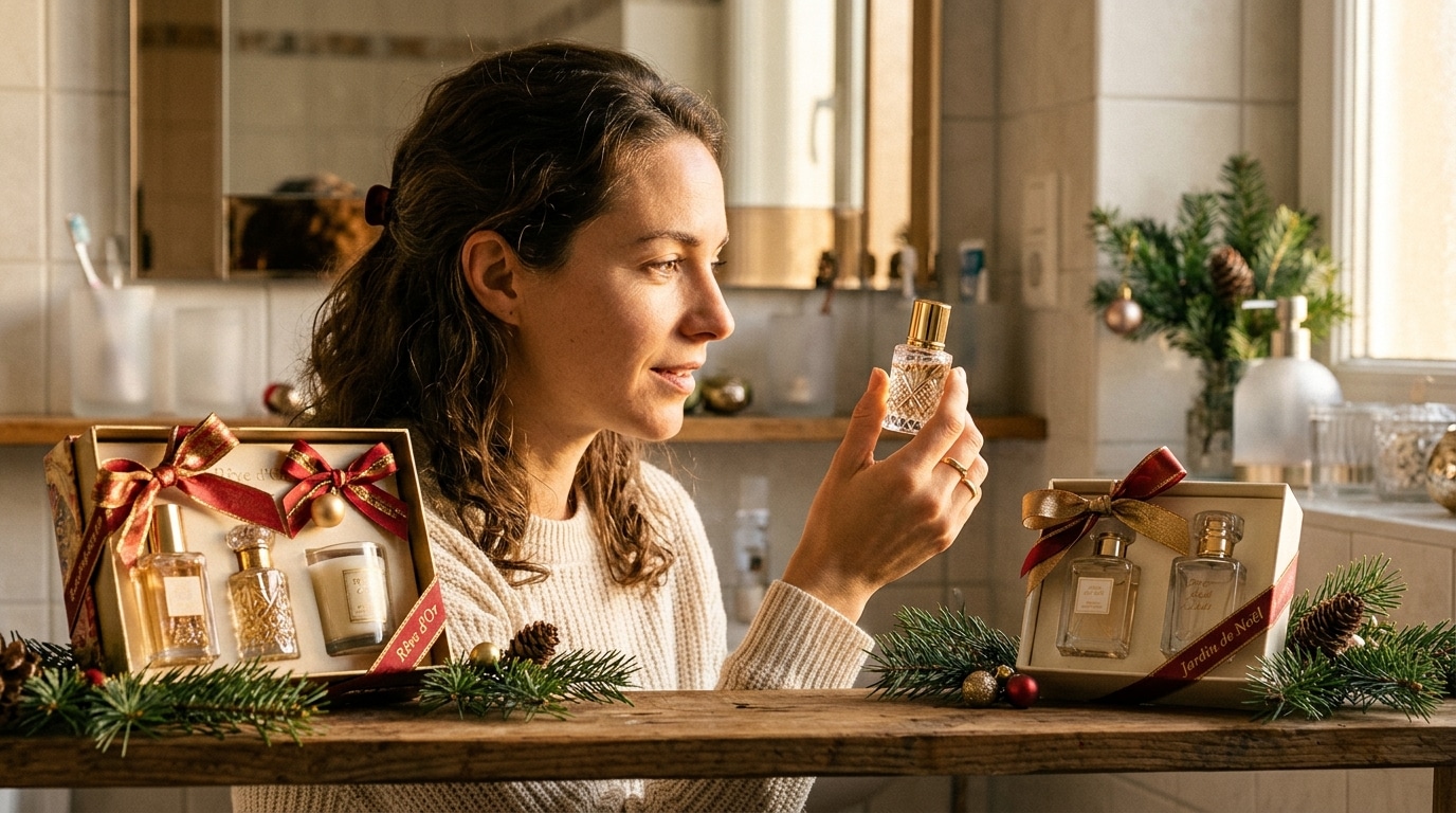 Femme comparant deux coffrets de parfum de Noël