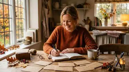 Femme rédigeant sa liste de cadeaux de Noël avec enveloppes