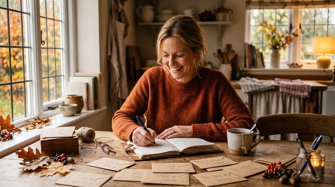 Femme rédigeant sa liste de cadeaux de Noël avec enveloppes