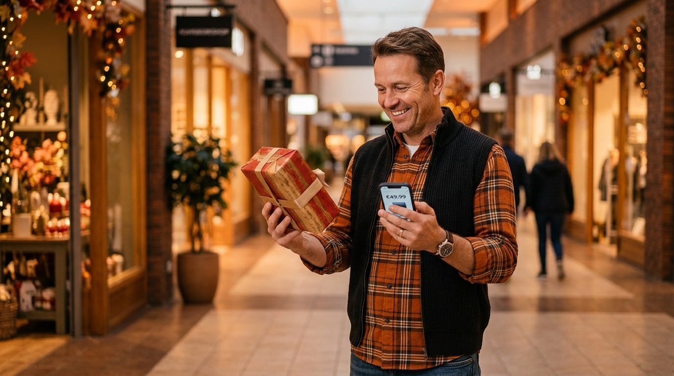 Homme comparant le prix d'un cadeau dans un centre commercial