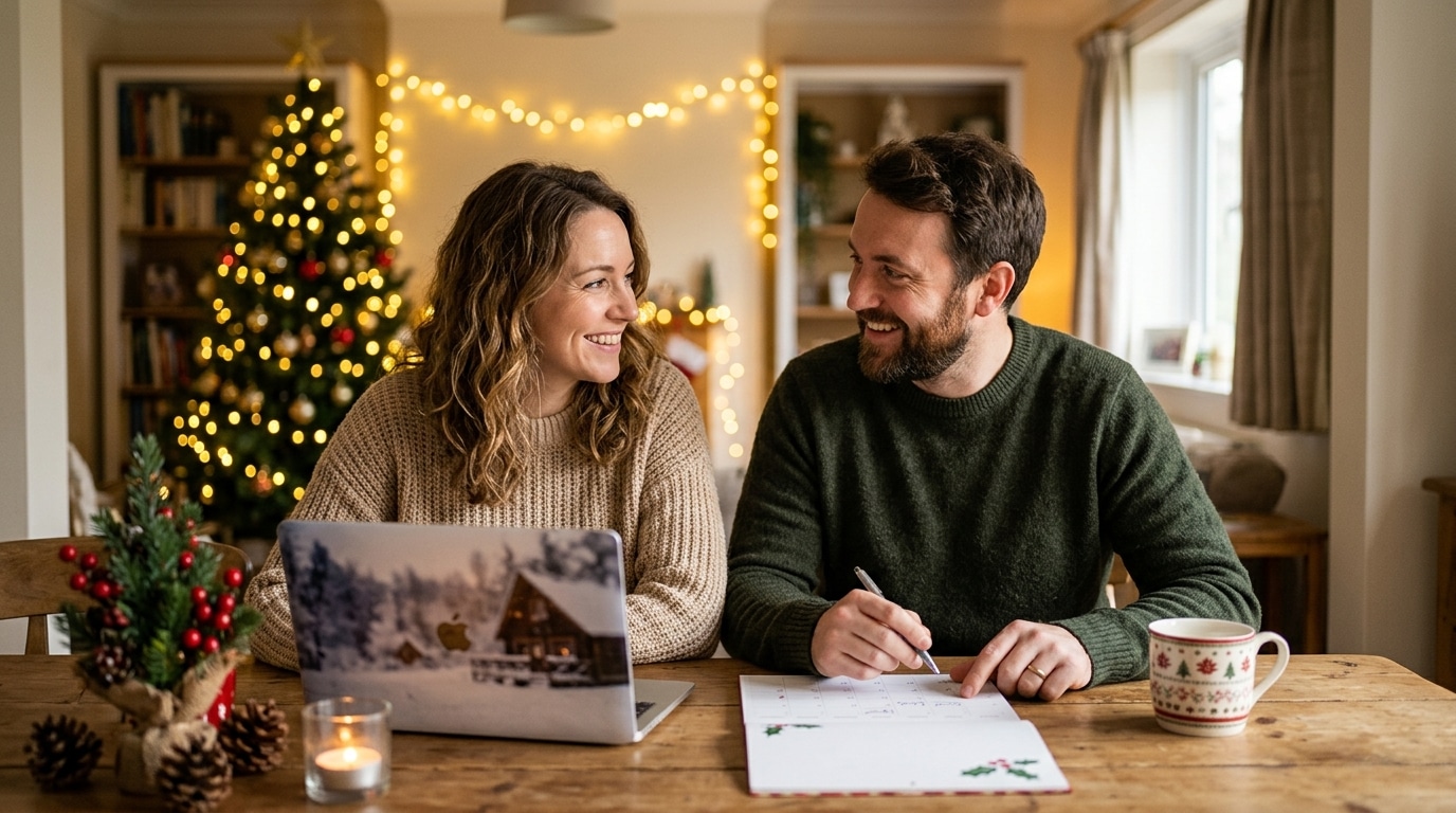 Couple planifiant le calendrier de leurs dépenses de Noël