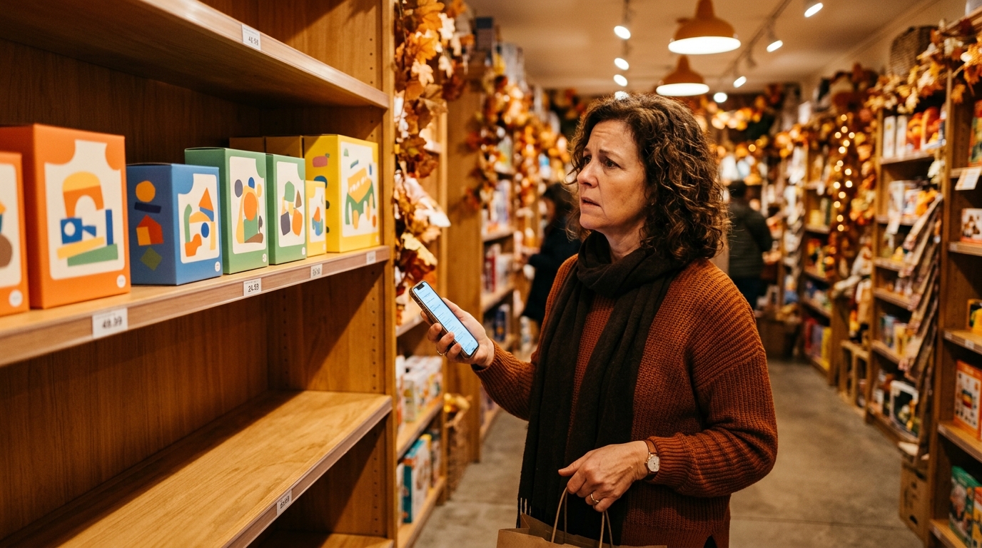 Parent inquiet devant un rayon de jouets presque vide