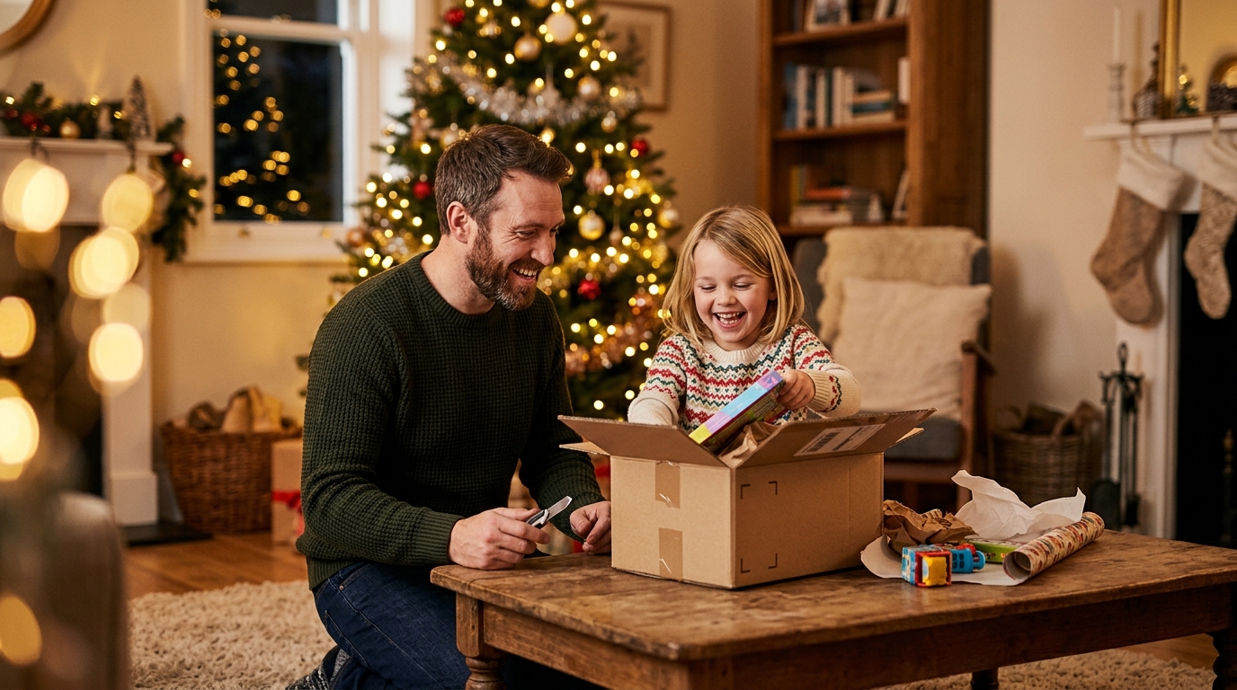 Père et enfant ouvrant un colis de Noël