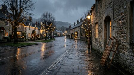 Rue de village grise et humide avec guirlandes de Noël