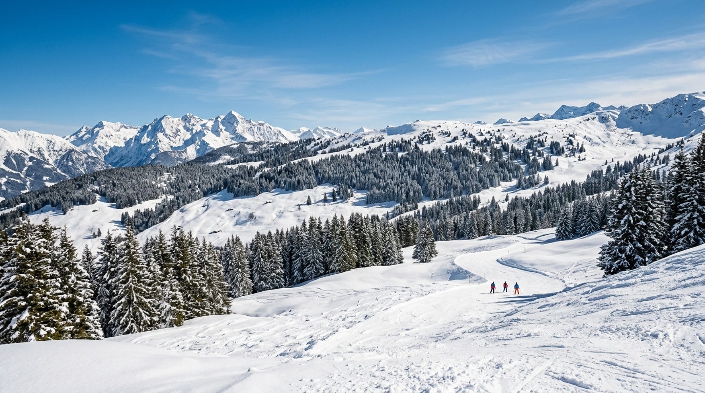 Pentes de moyenne montagne enneigées sous le soleil de mars