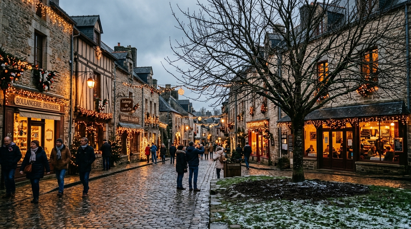 Rue de village décorée pour Noël sous un ciel gris sans neige