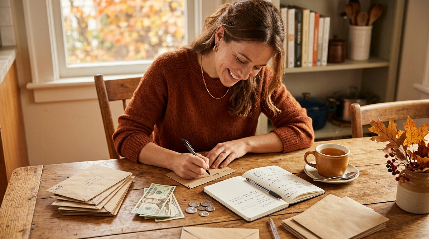 Femme préparant des enveloppes pour son budget de Noël