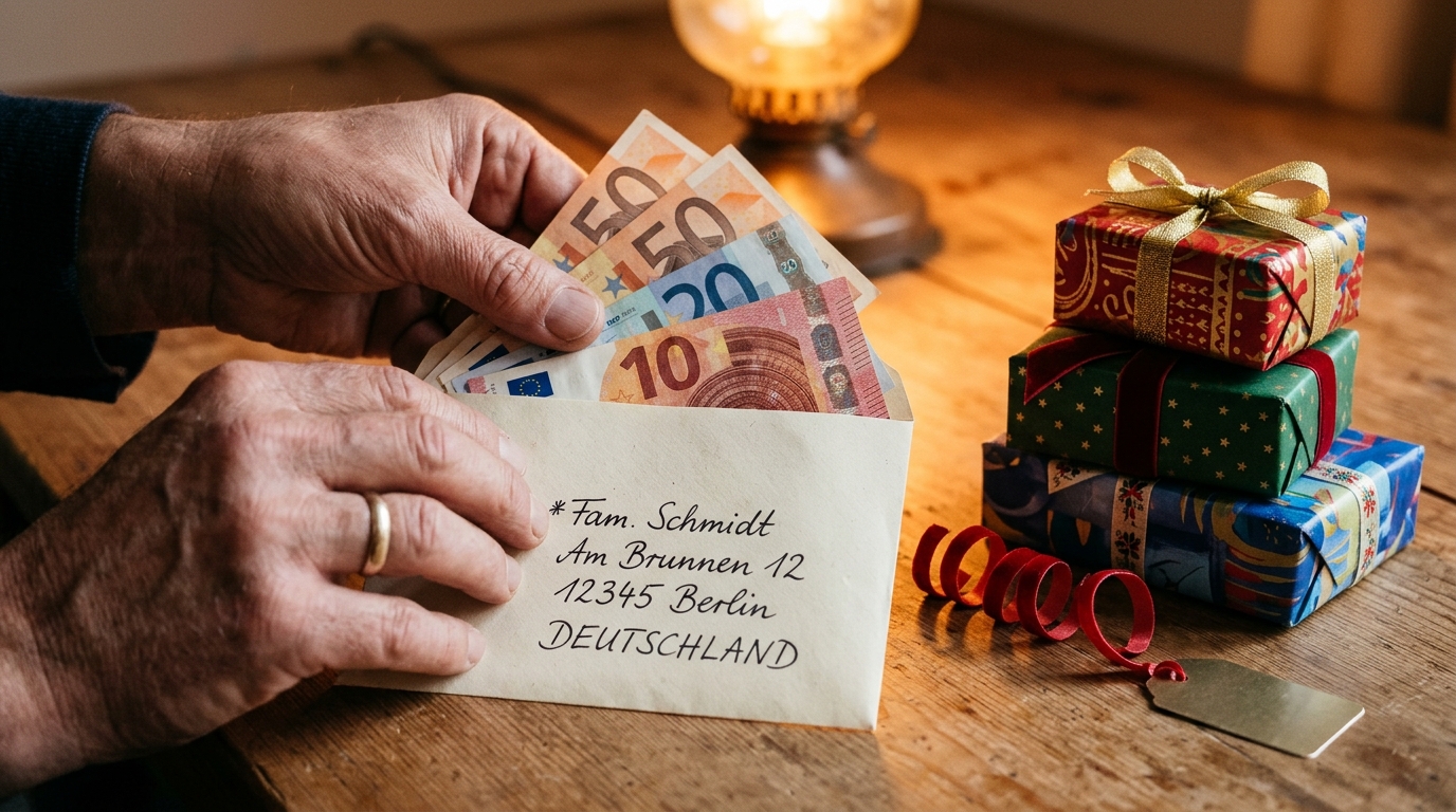 Billets glissés dans une enveloppe à côté de cadeaux emballés