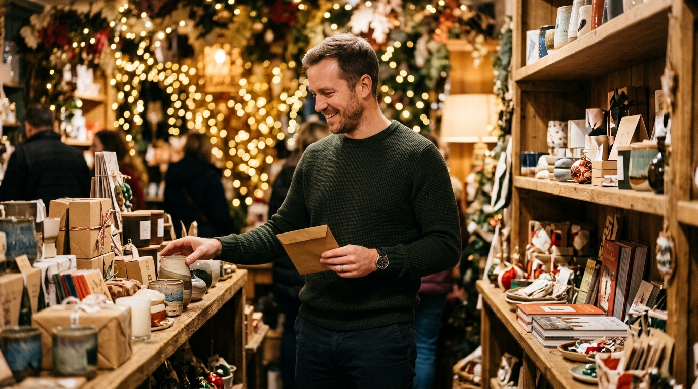 Homme choisissant un cadeau avec son enveloppe de budget