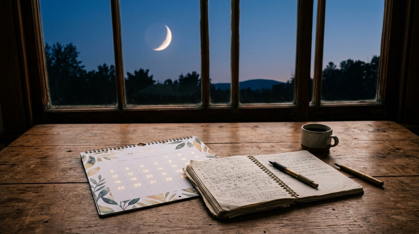 Calendrier et carnet sur table en bois, croissant de lune