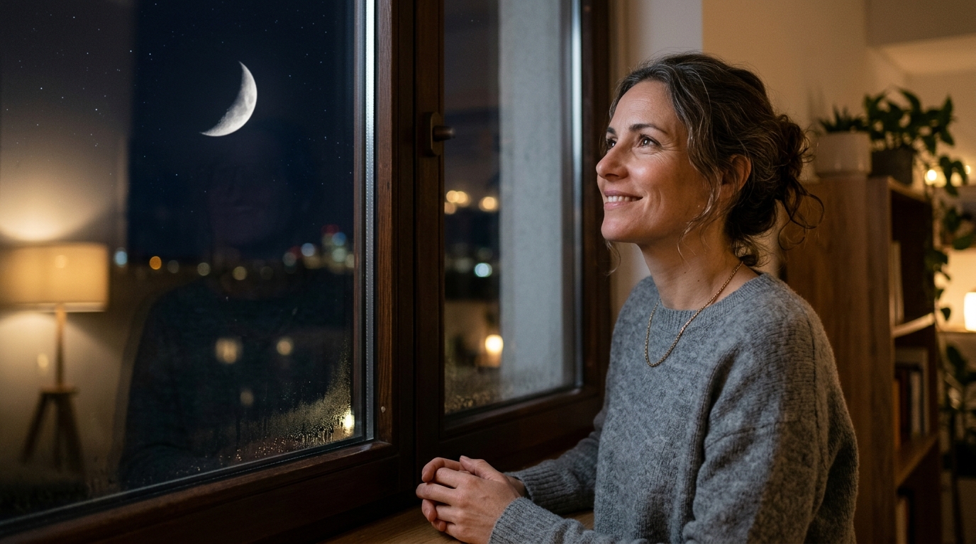 Femme regardant la Lune croissante par la fenêtre, regard apaisé