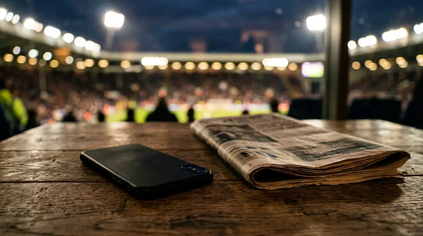 Smartphone retourné sur une table près d'un journal plié