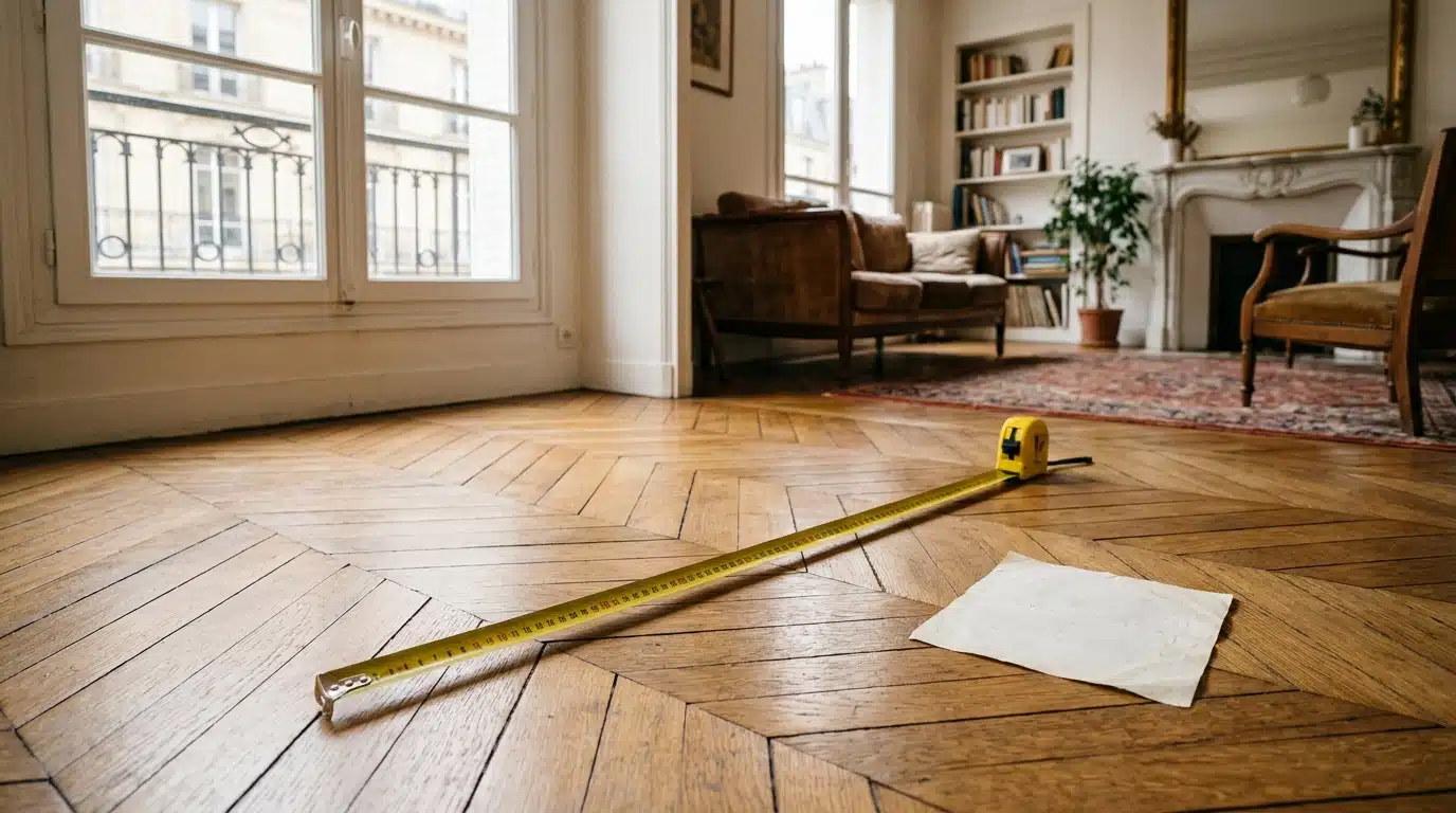 Mètre ruban déroulé sur le parquet d'un salon
