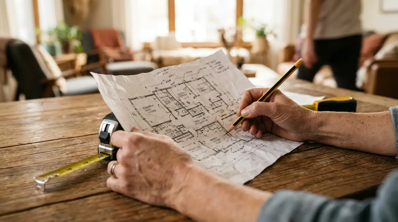 Mains tenant un plan de logement avec crayon