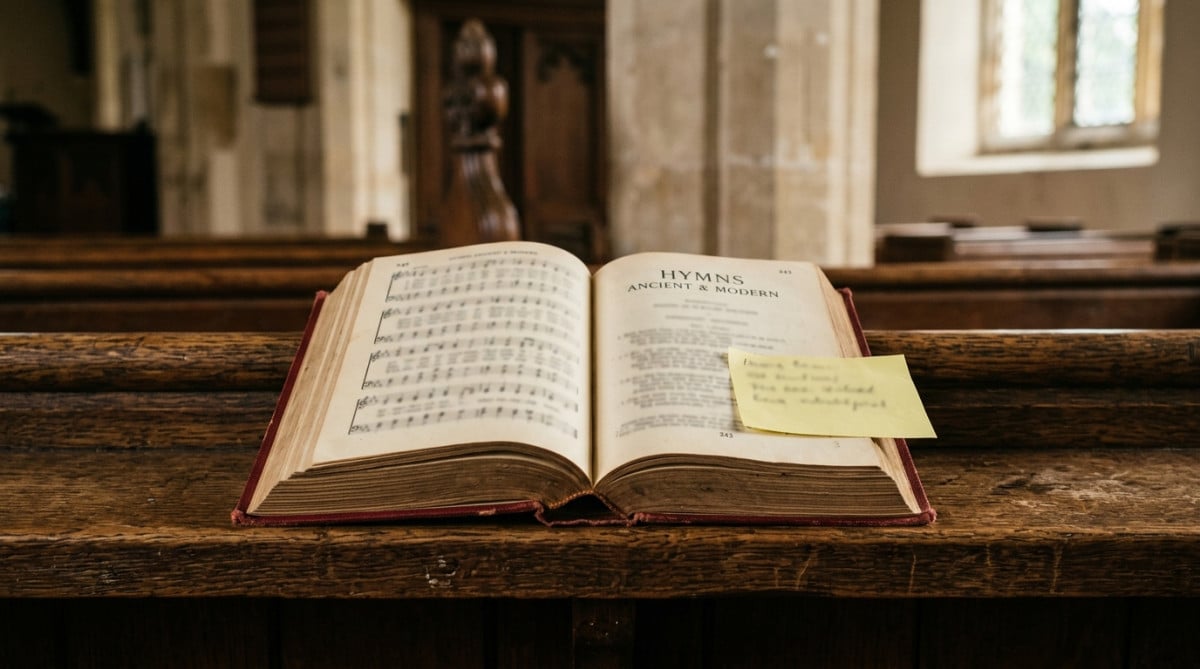 Note jaune marquant une page d'un vieux livre de cantiques