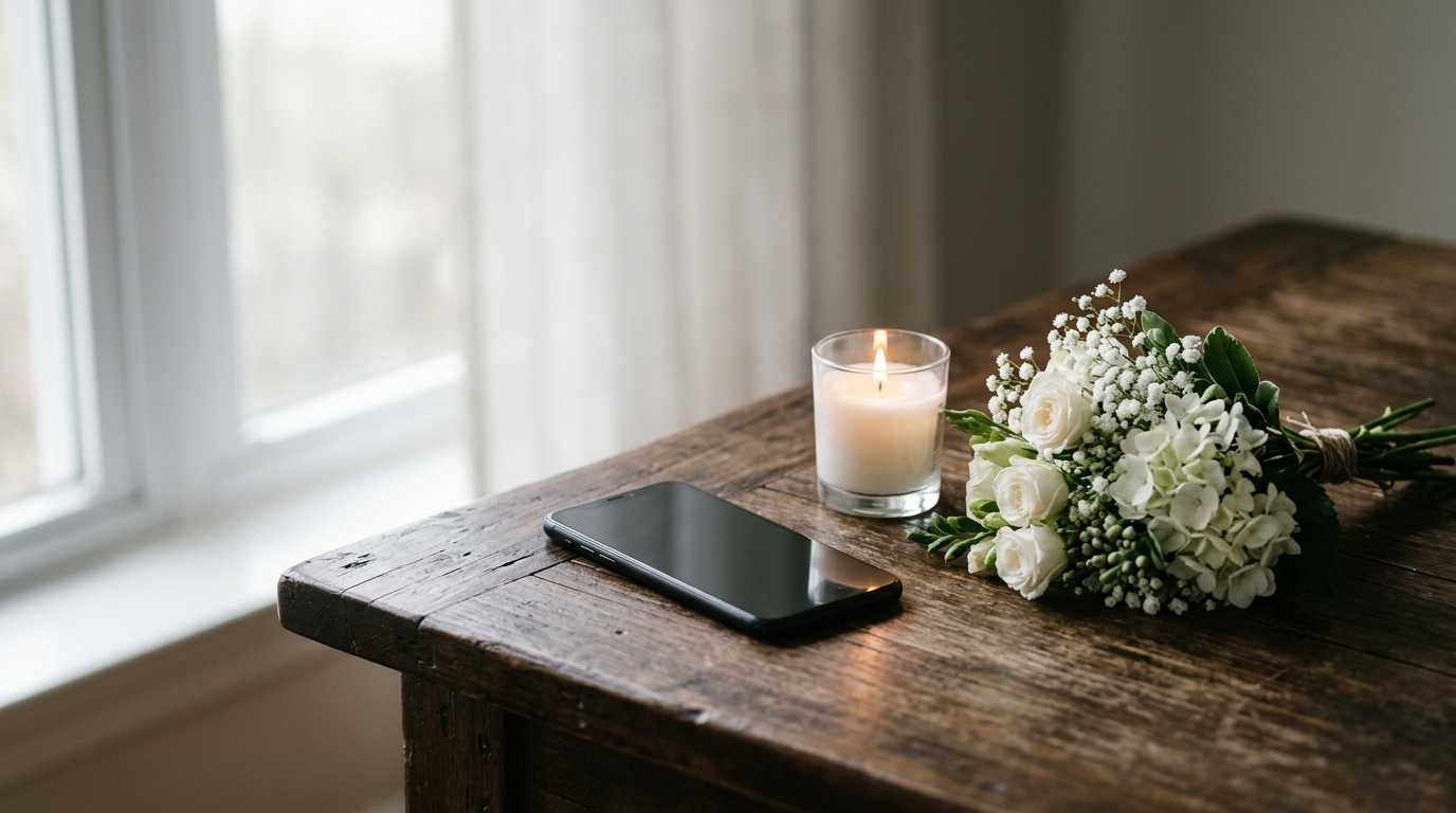 Smartphone, bougie blanche et fleurs sur une table en bois