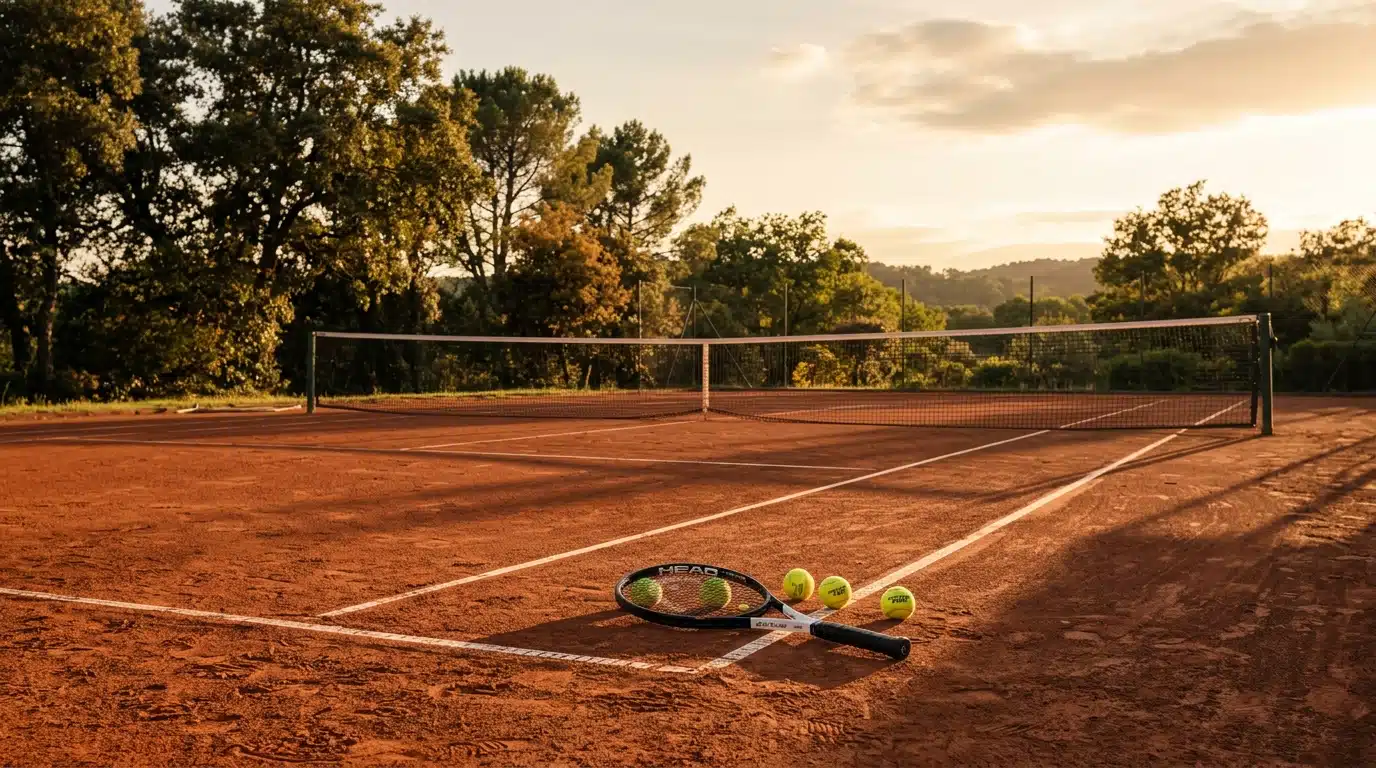 Court de tennis vide avec raquette et balles au coucher du soleil