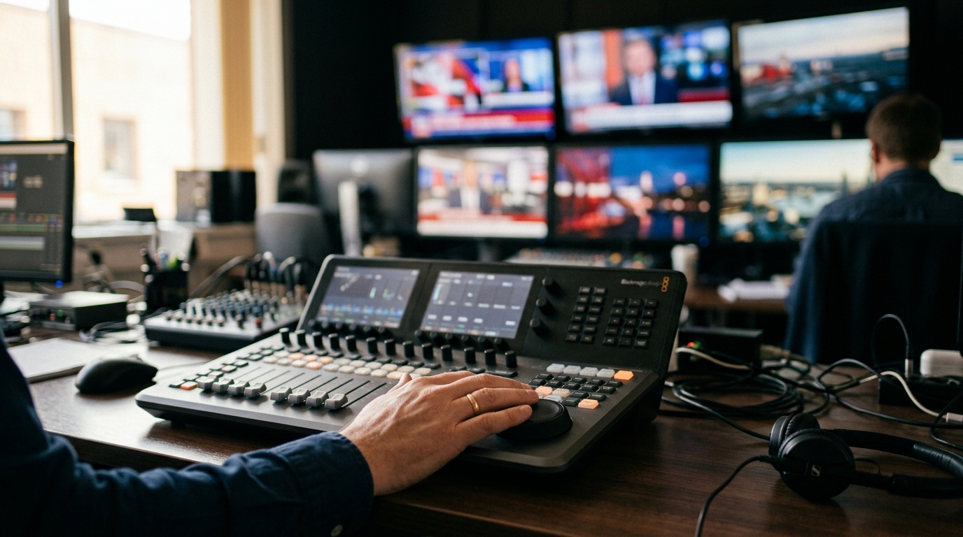 Console de montage dans une salle de rédaction télévisée