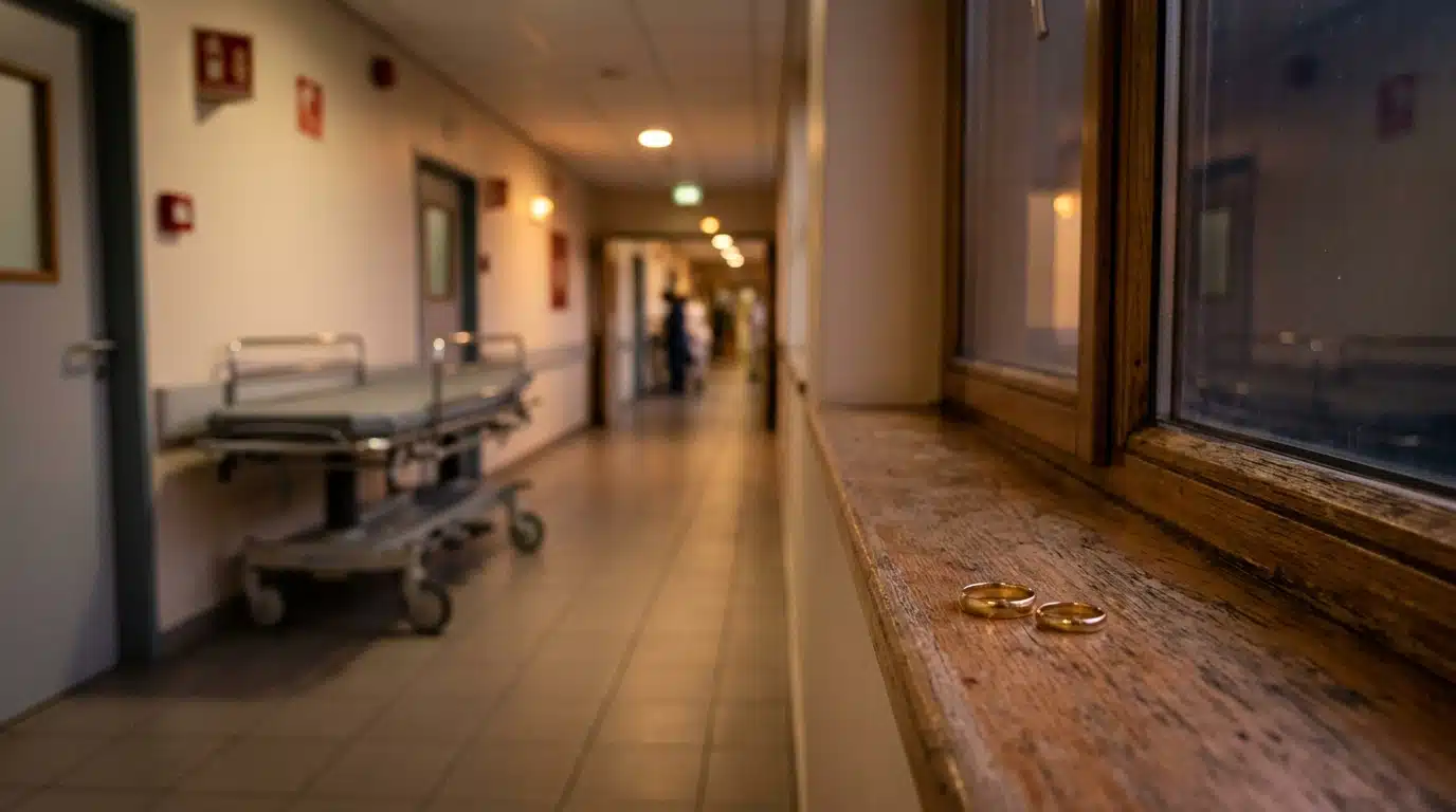 Alliances posées près d'un couloir d'hôpital éclairé