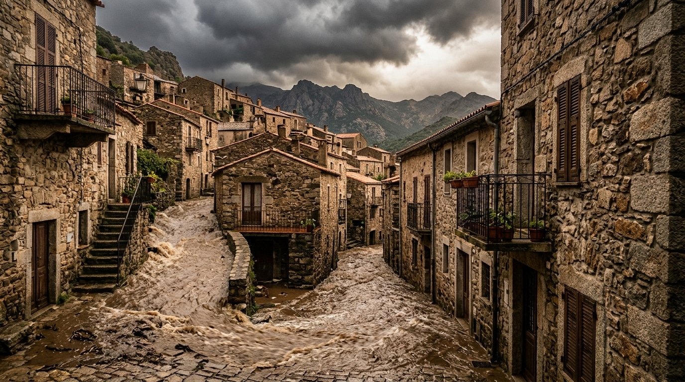 Rue de village corse inondée sous un ciel d'orage