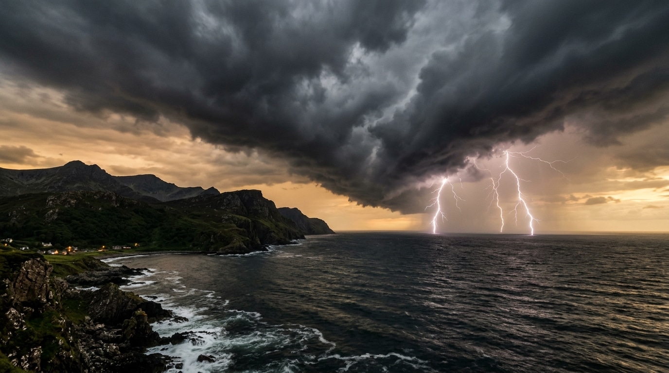 Éclairs au-dessus d'une côte montagneuse en pleine tempête