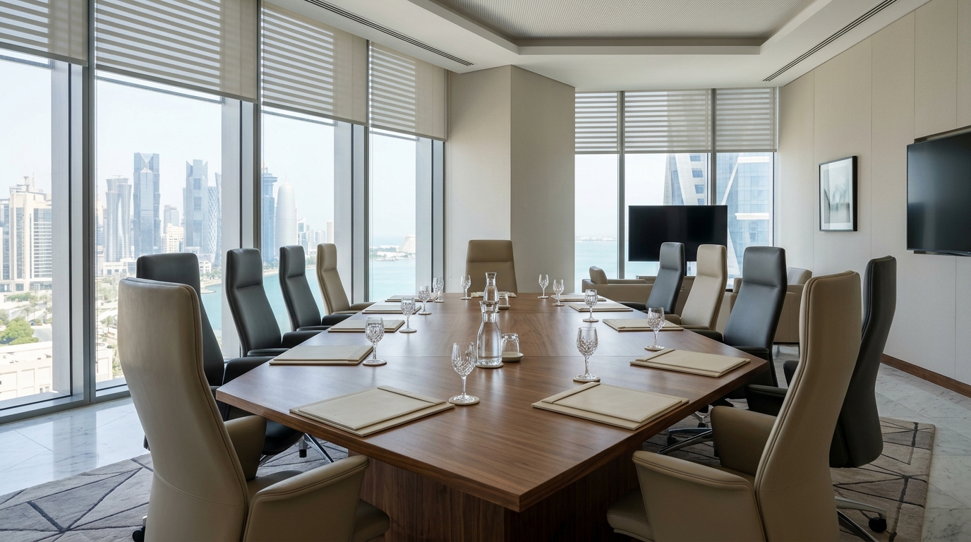 Table de négociation vide avec trois groupes de chaises