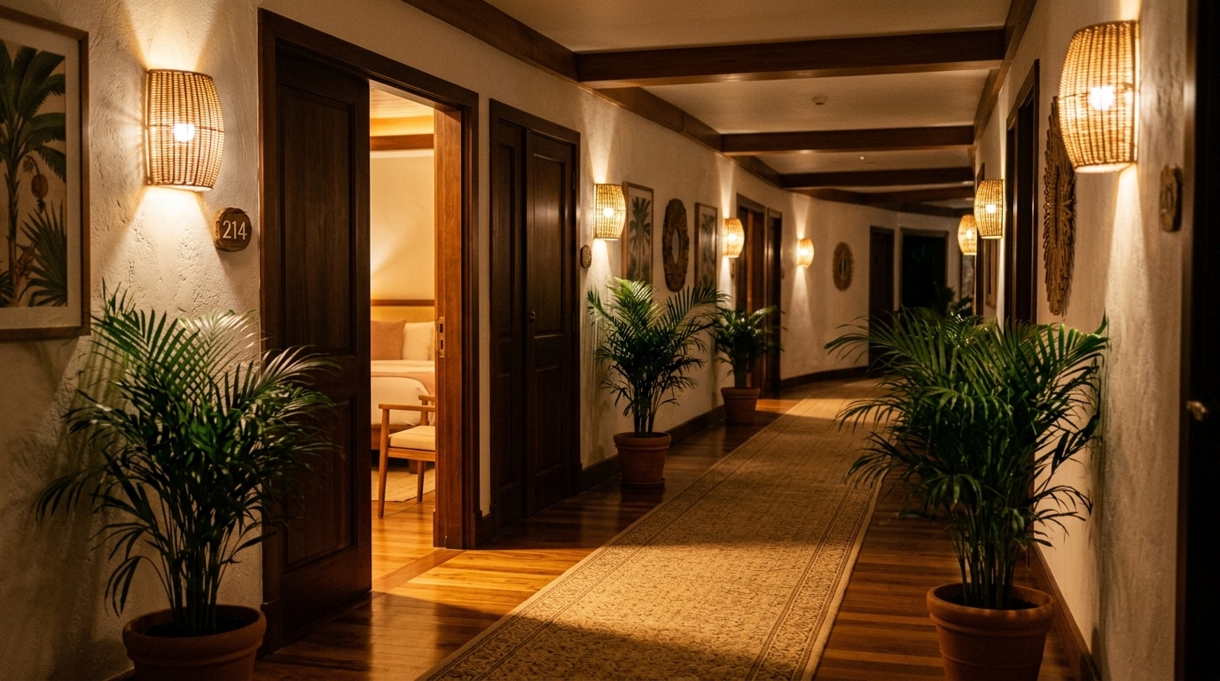 Couloir d'hôtel tropical la nuit, porte entrouverte laissant filtrer une lumière dorée