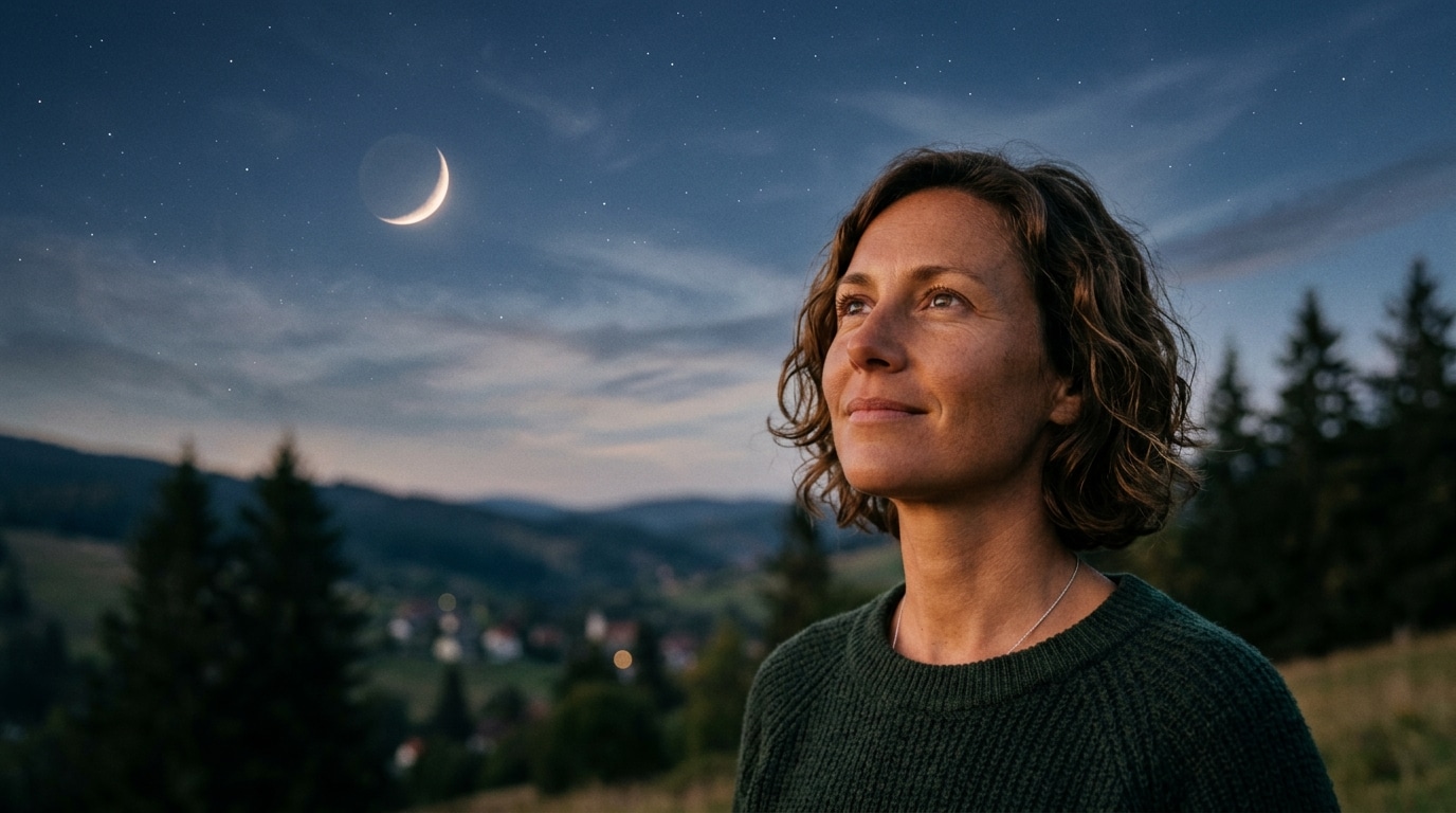 Femme soulagée regardant un ciel nocturne de nouvelle lune