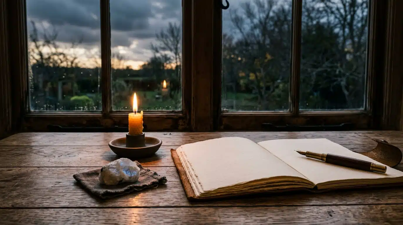 Bougie, pierre de lune et carnet vierge près d'une fenêtre