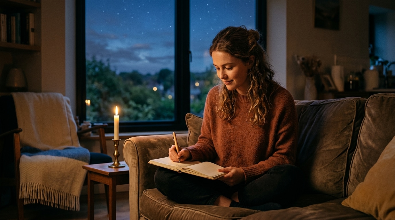 Femme écrivant ses intentions à la lueur d'une bougie